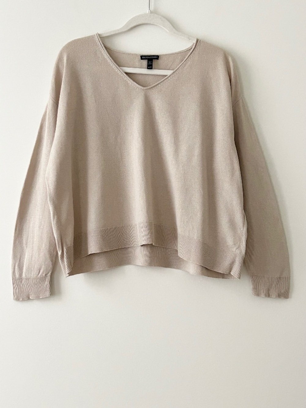 Eileen Fisher Organic Cotton & Tencel Beige V-Neck Sweater